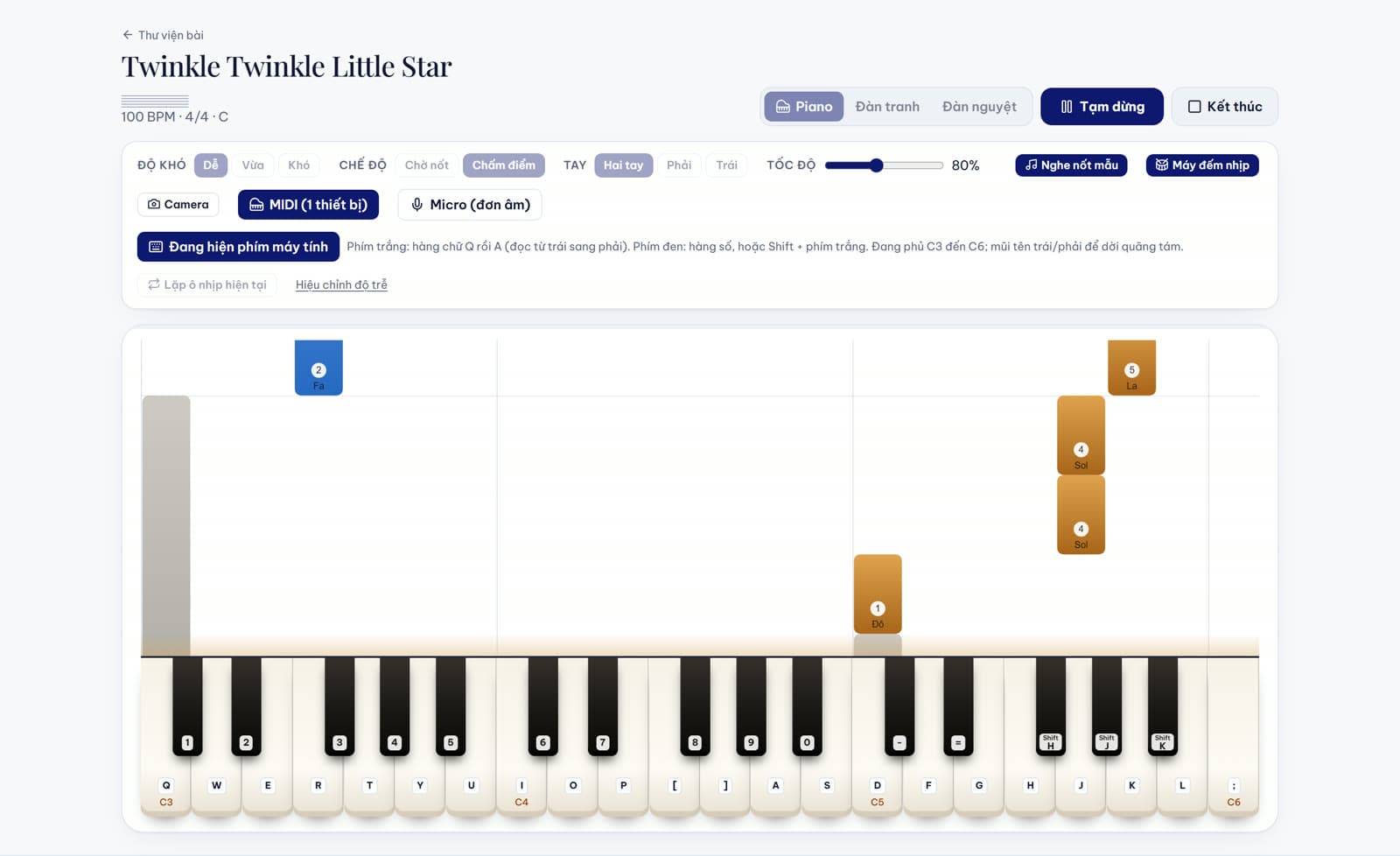 Màn hình luyện tập piano của Aurora: nốt rơi theo phách và bàn phím bên dưới